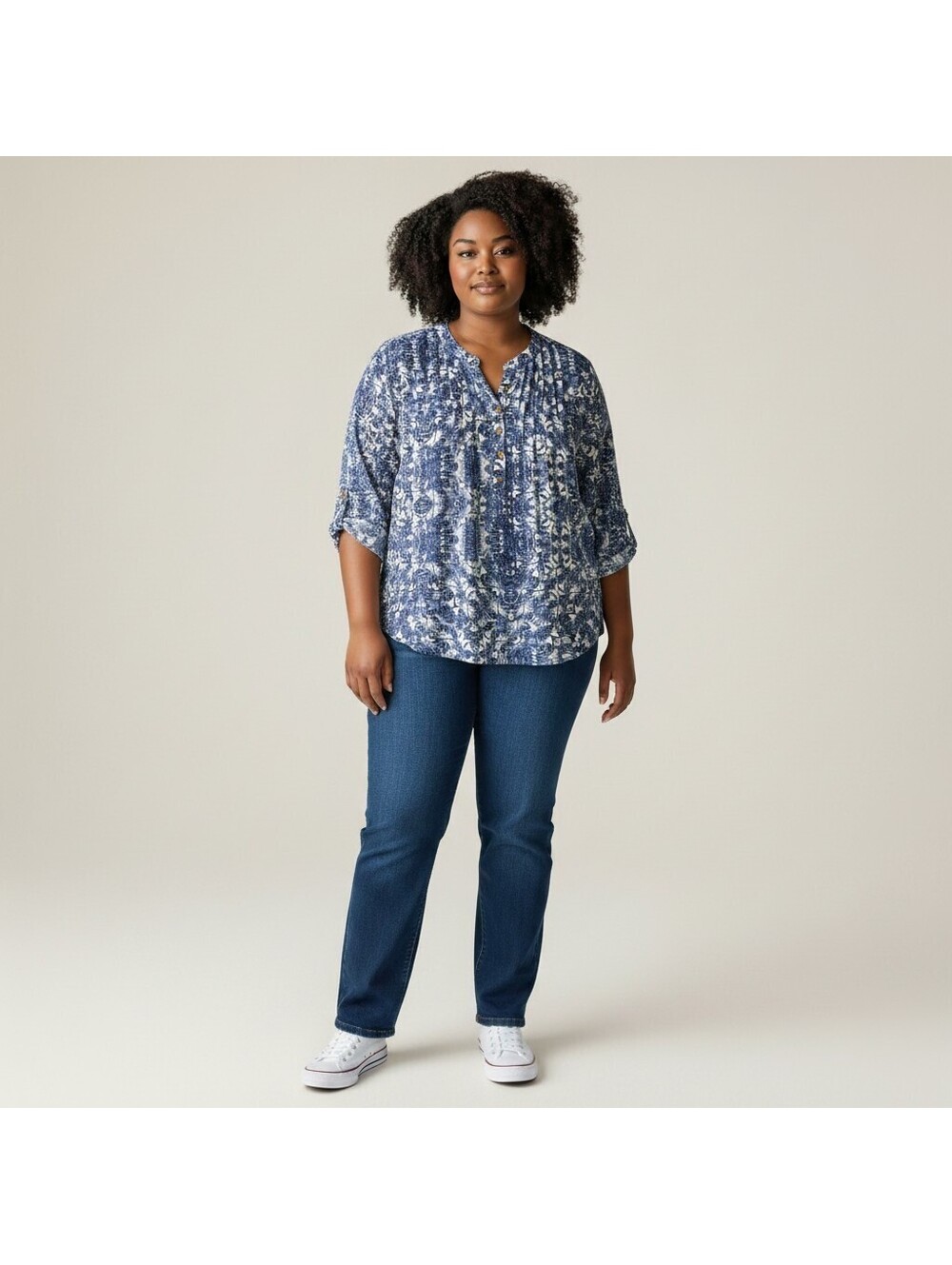 Blue Mood Blouse Women 1X Plus Blue Floral Long Sleeve 1/2 Button Casual